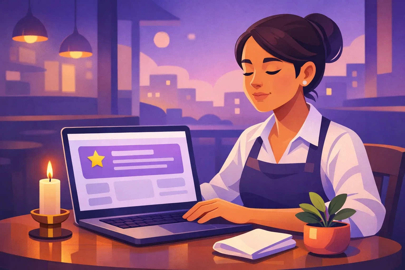 Composed restaurant owner taking a steadying breath before answering a critical review on her laptop after service