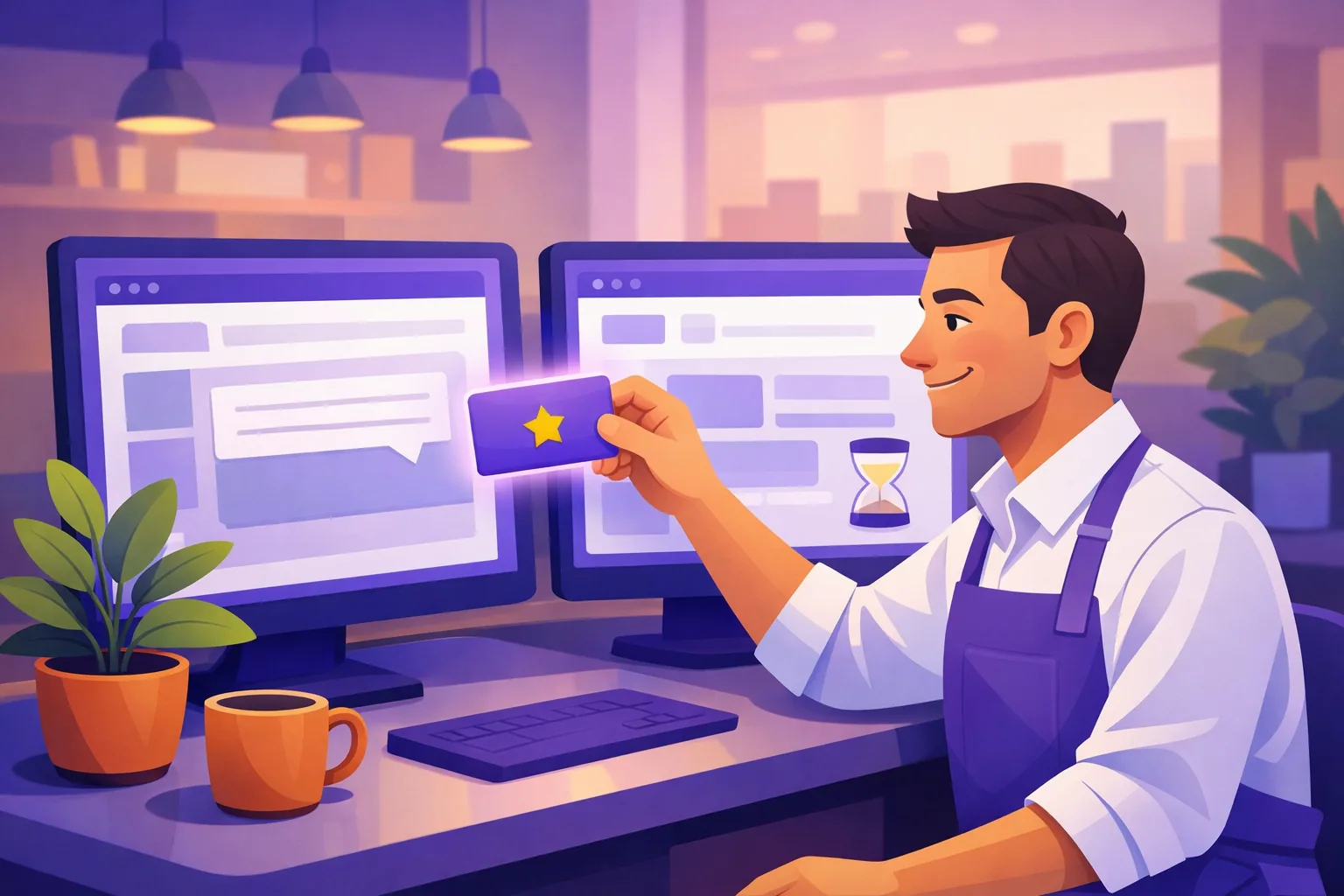 Hospitality owner moving a finished reply from a writing tool on one screen toward a review page on a second screen