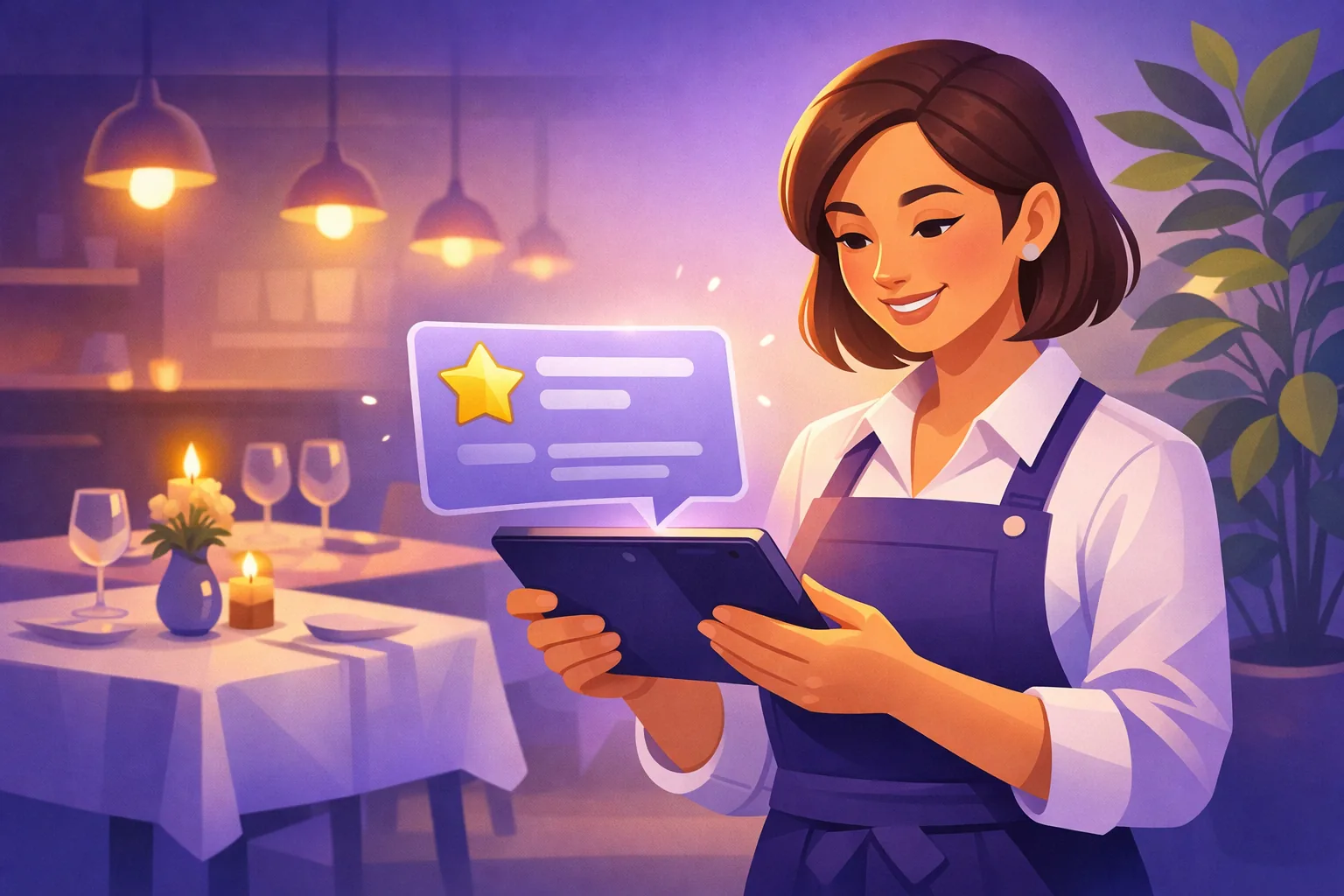 Restaurant owner smiling as she reads a glowing traveler review on a tablet in her candlelit dining room