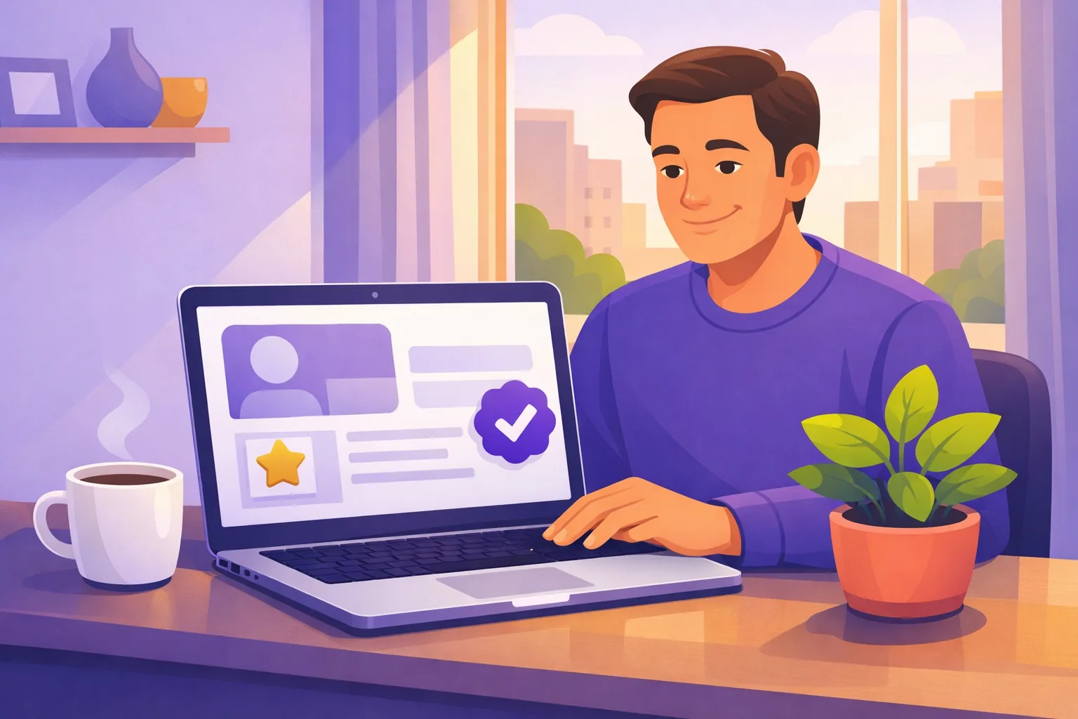 Online business owner at a tidy home-office desk claiming his Trustpilot business profile on a laptop in soft morning light
