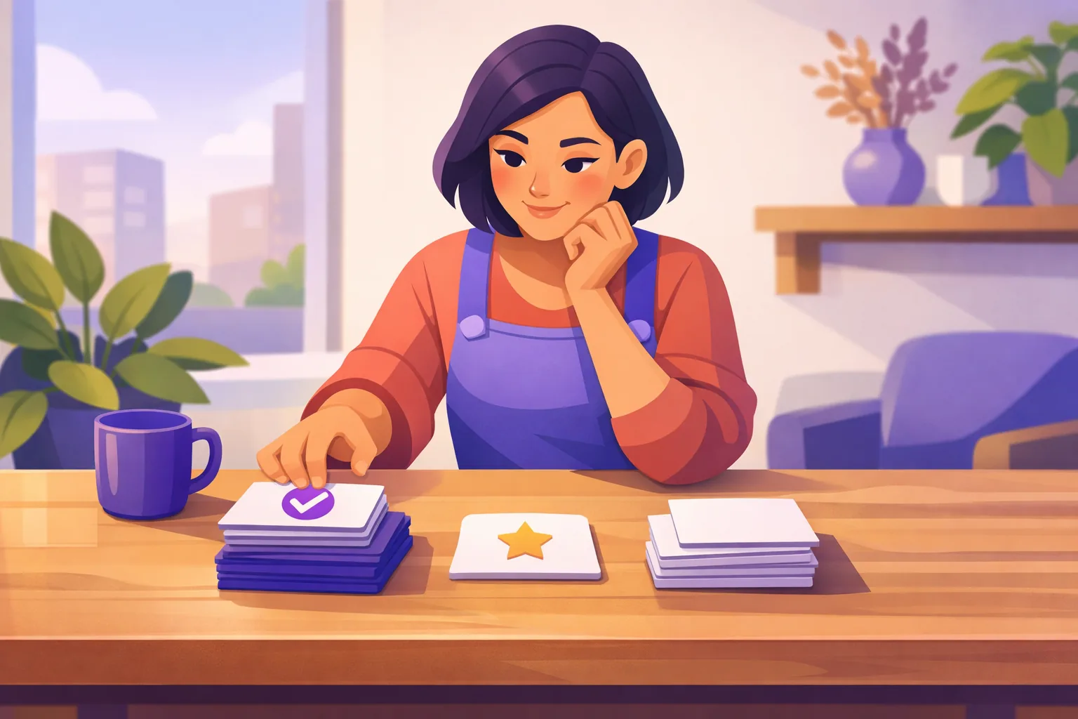 Shop owner at a table thoughtfully sorting review cards into two small stacks, one marked with a verified badge, in a warm workspace