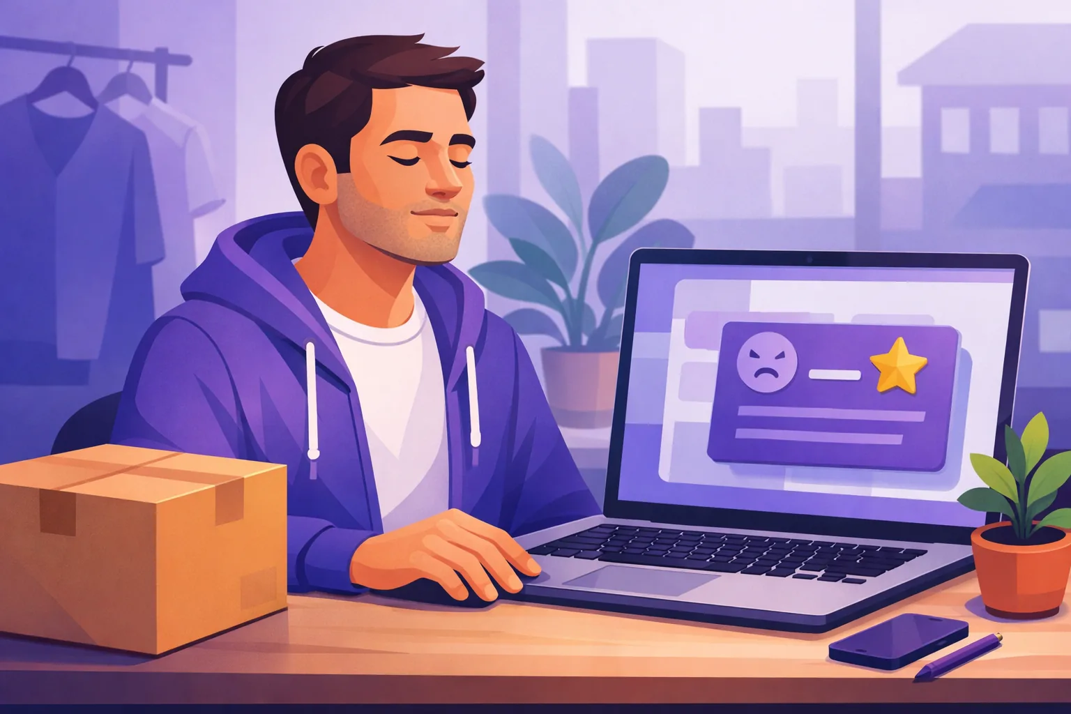 Composed e-commerce owner taking a breath before replying to a critical review on a laptop at a quiet desk beside a shipping box