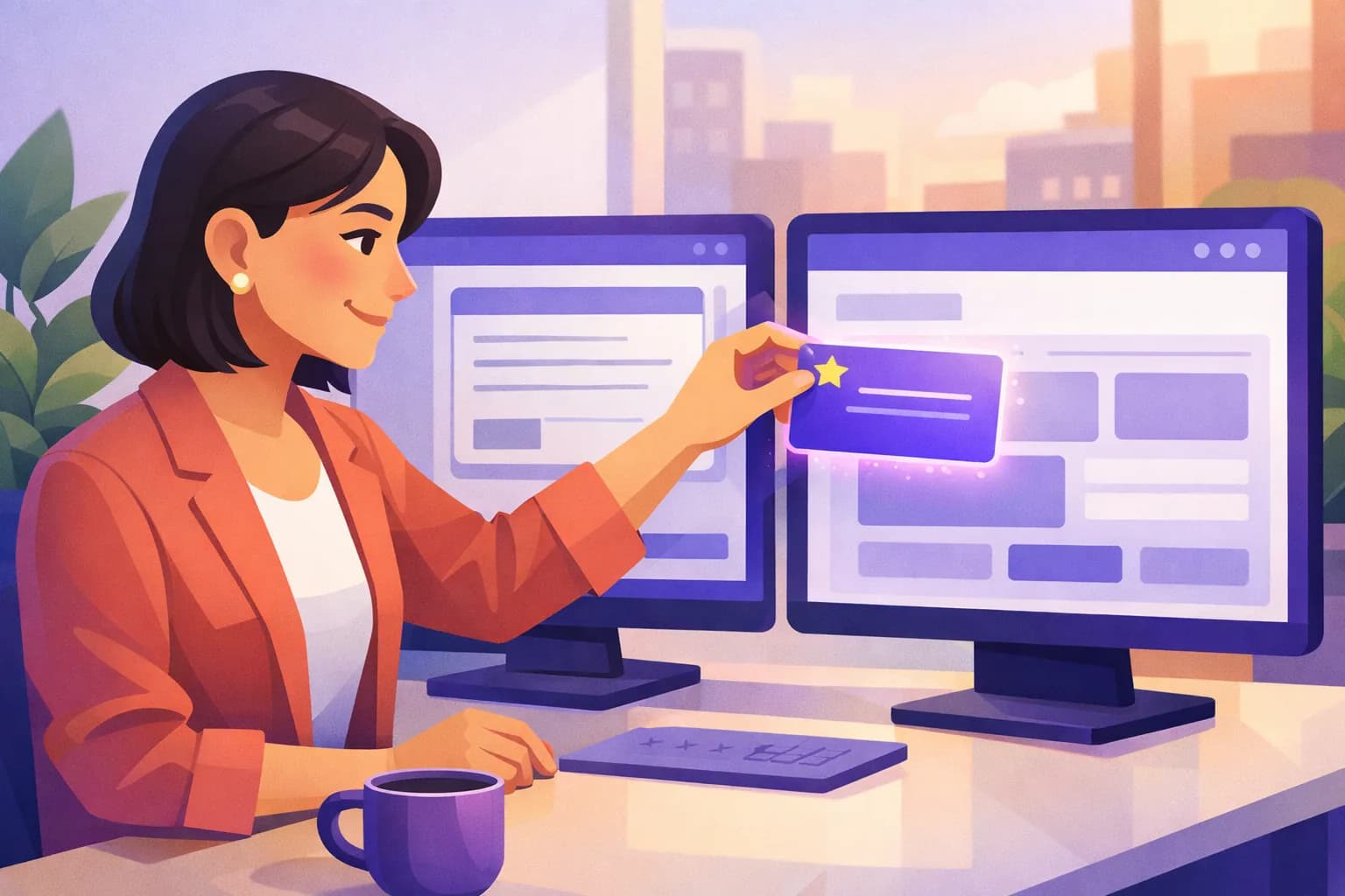 Business owner moving a finished reply from a writing tool on one screen into a review page on a second screen in a bright workspace