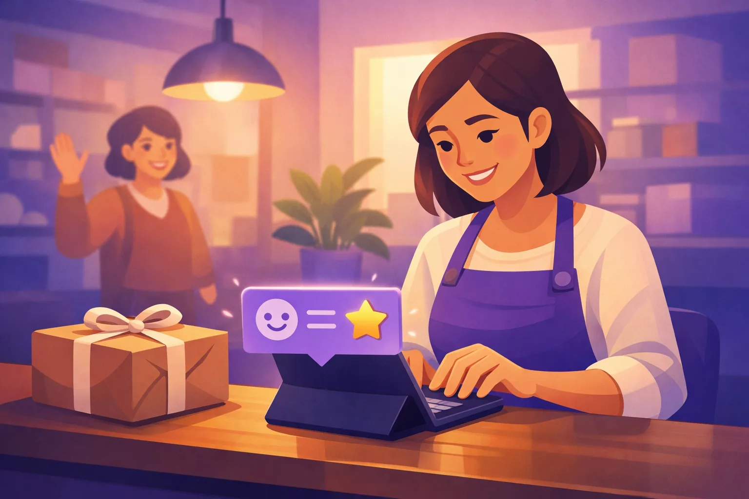 Smiling maker in an apron replying warmly to a happy review on a tablet at her counter with a wrapped parcel ready to ship
