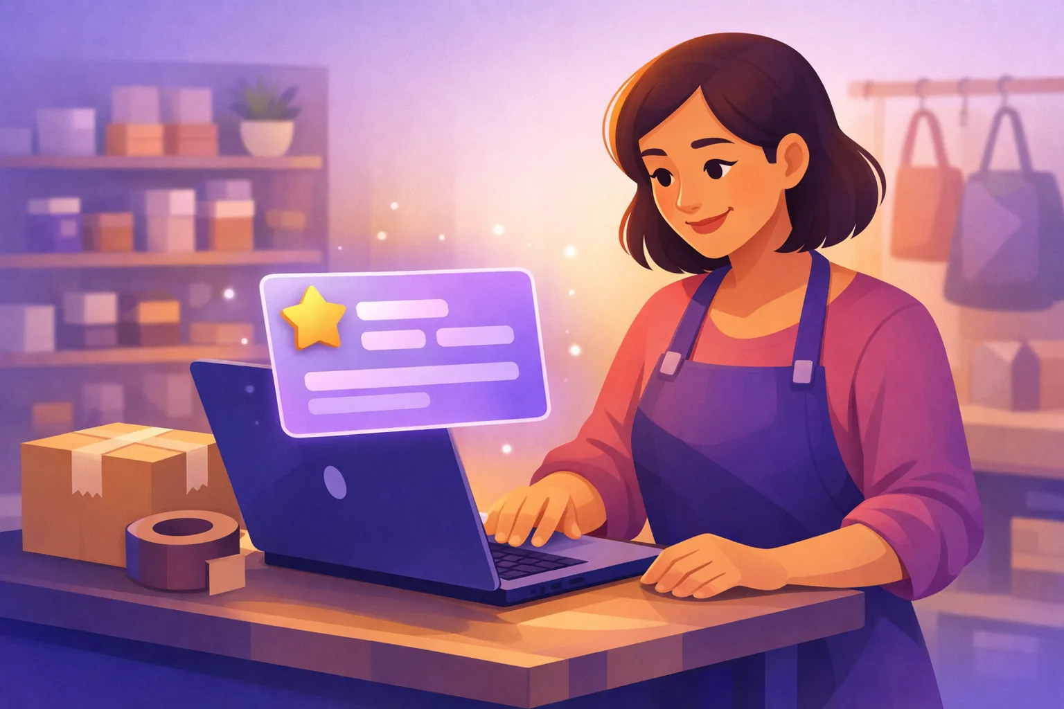 Online shop owner smiling as she reads a Trustpilot review on her laptop beside a packed shipping box