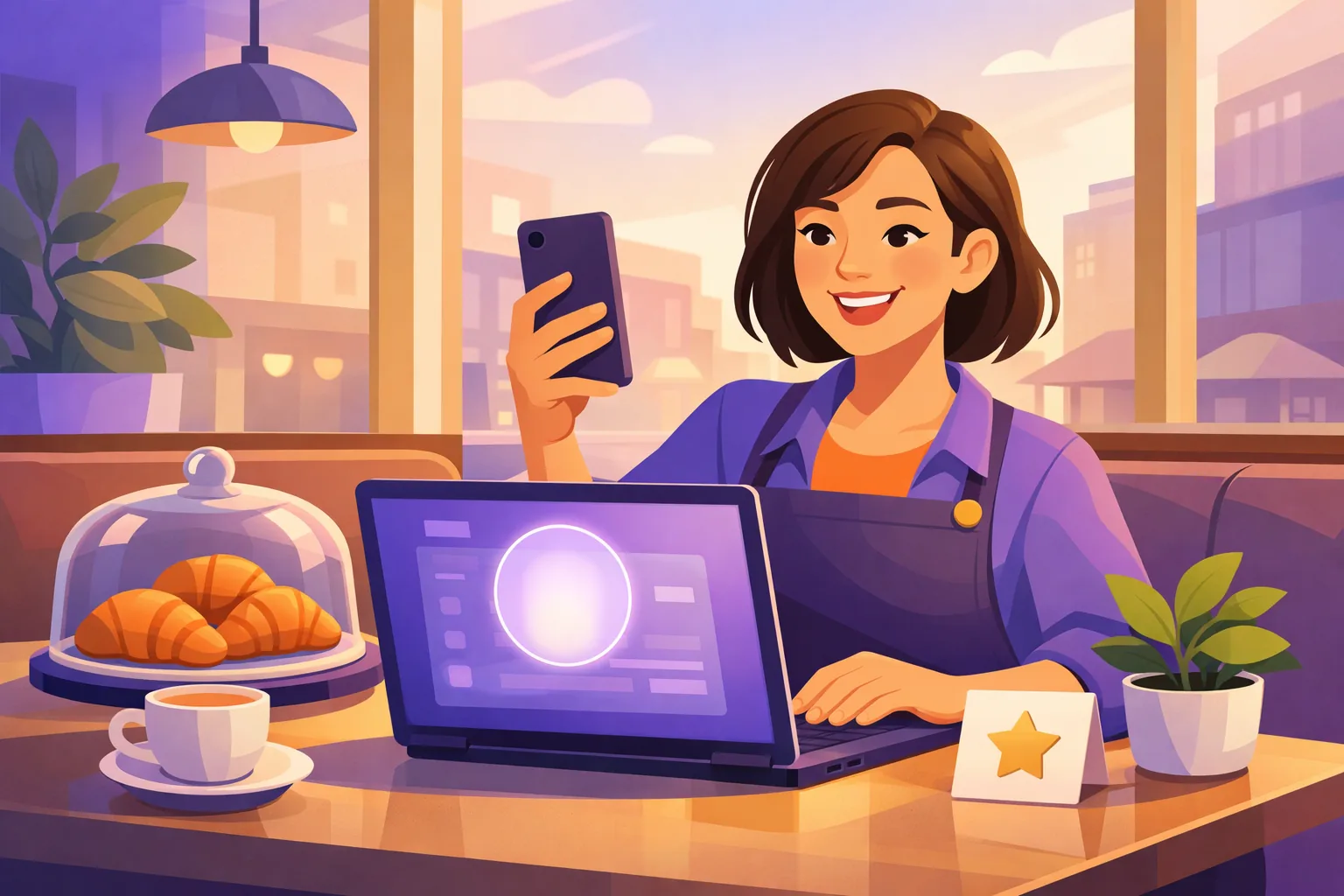 Cafe owner setting up their Yelp business account with a friendly portrait photo on a laptop