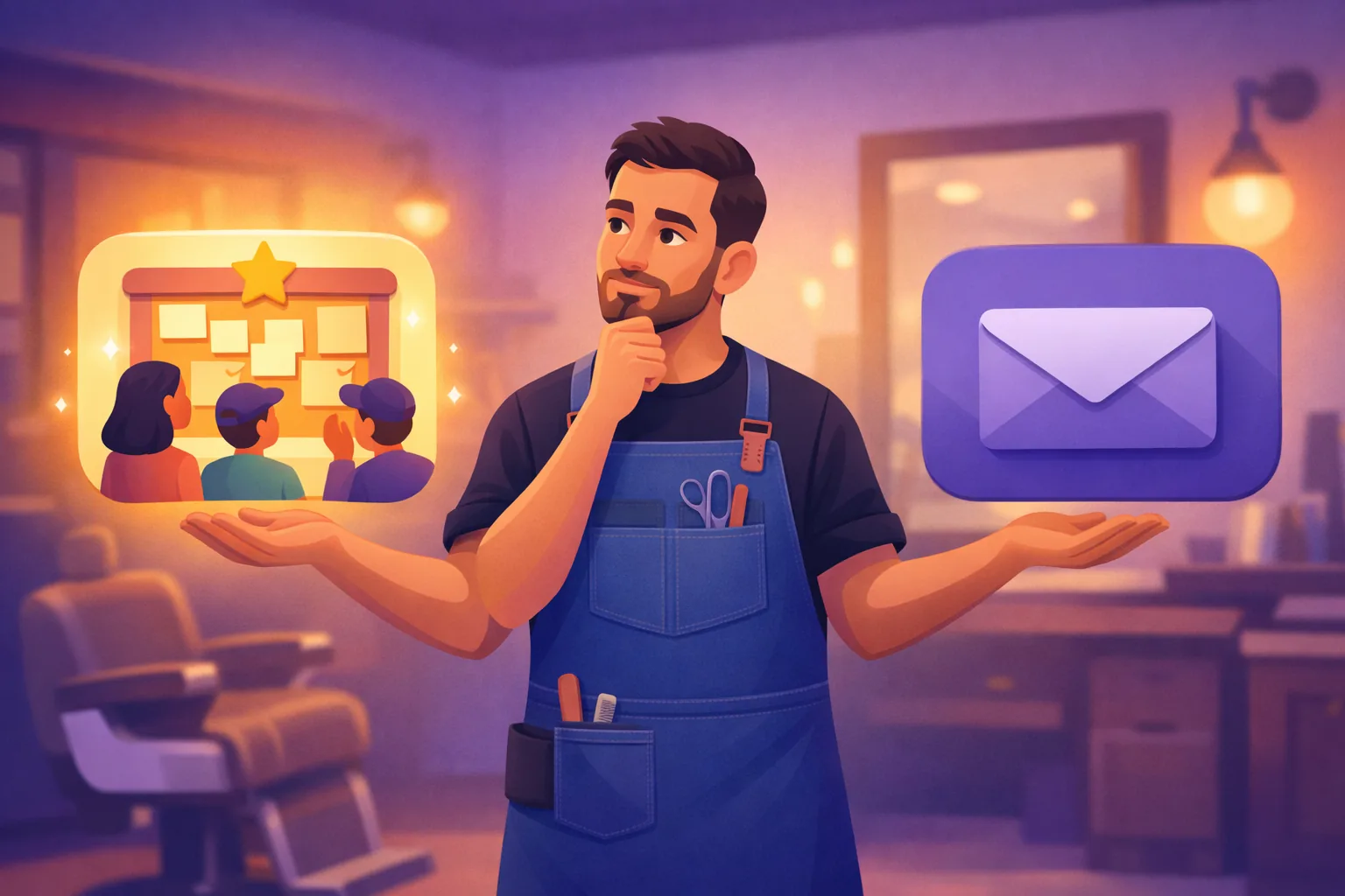 Business owner weighing a public reply and a private message shown as two floating cards