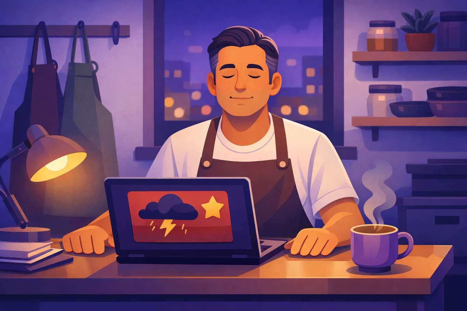 Composed restaurant owner taking a breath before replying to a harsh review on a laptop