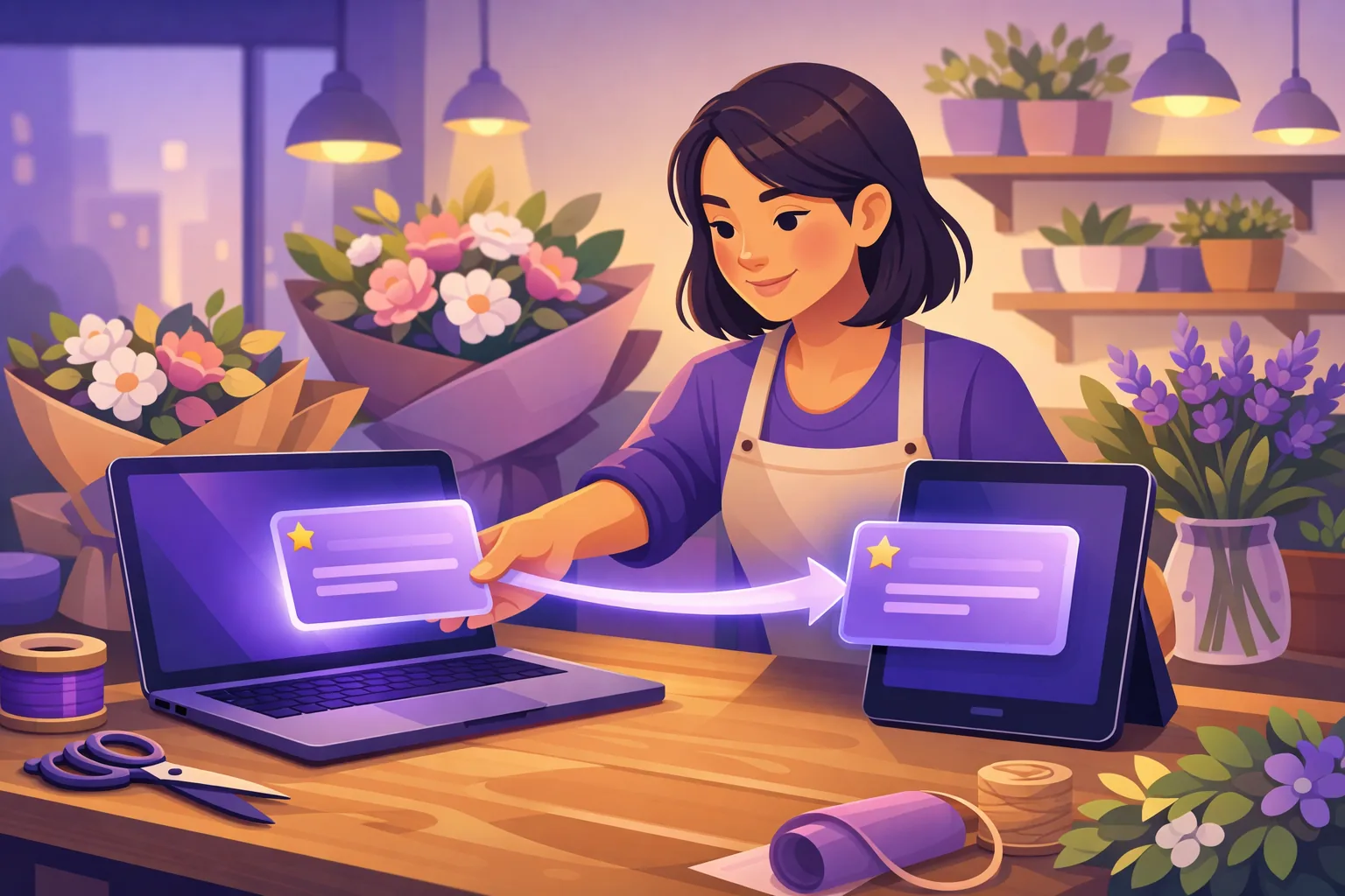 Business owner moving a finished reply from a writing tool into Yelp on a second screen