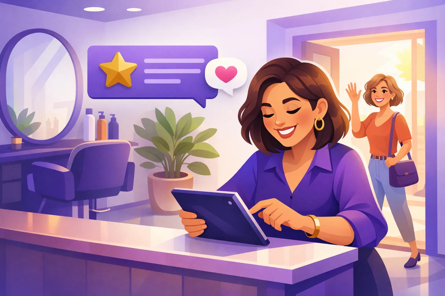 Smiling salon owner replying warmly to a glowing review while a happy customer leaves the shop