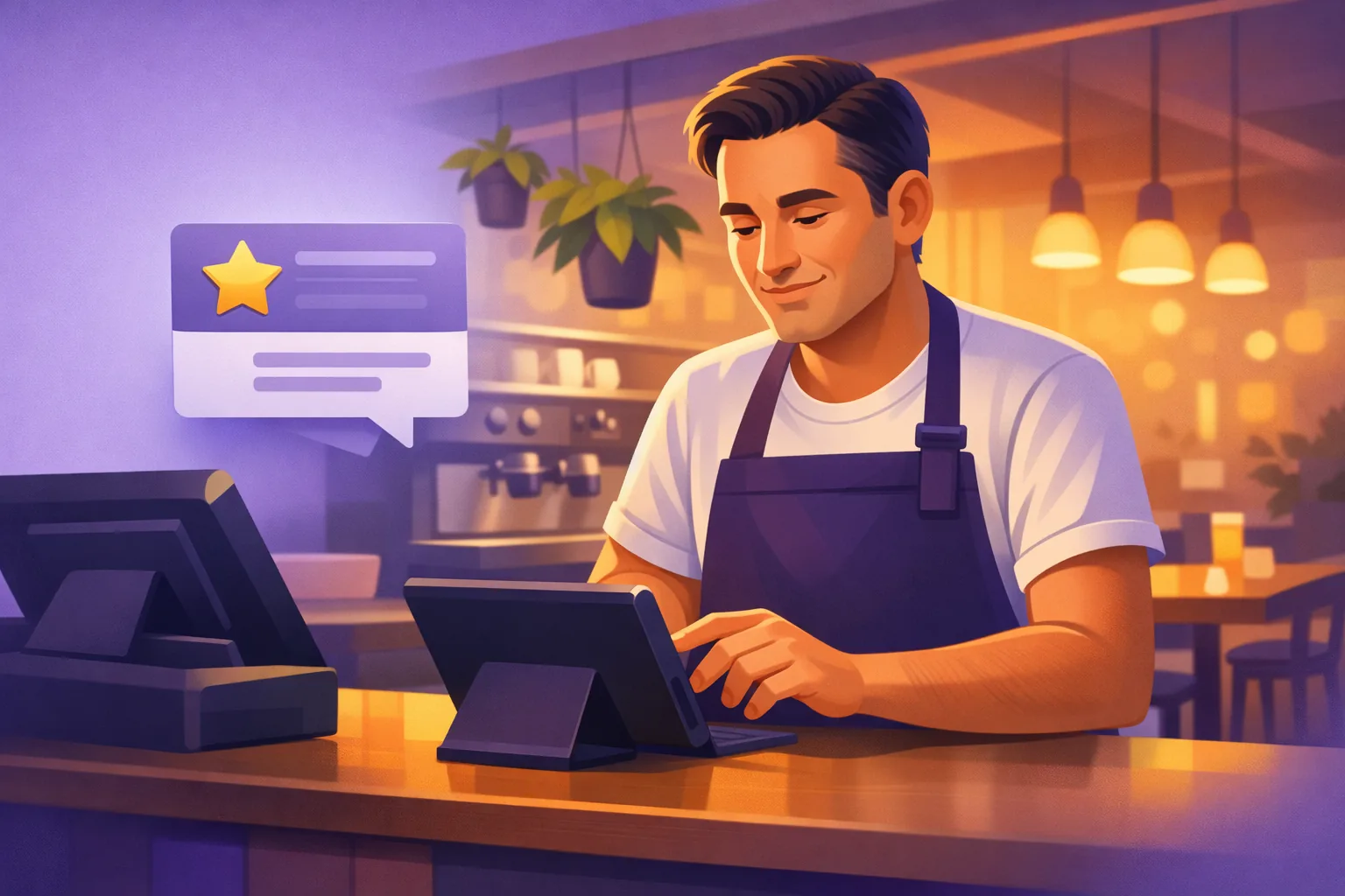Restaurant owner calmly composing a reply to a Yelp review on a tablet at the counter