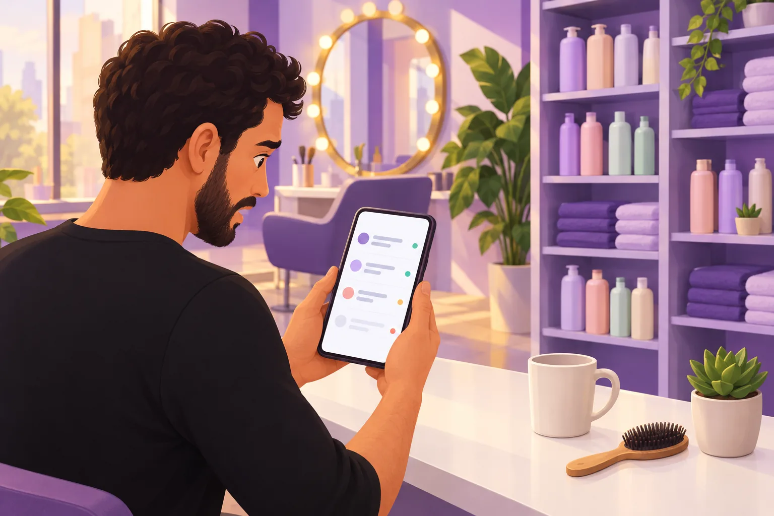 Salon owner at his reception desk looking at his phone where one review row has faded out of the list