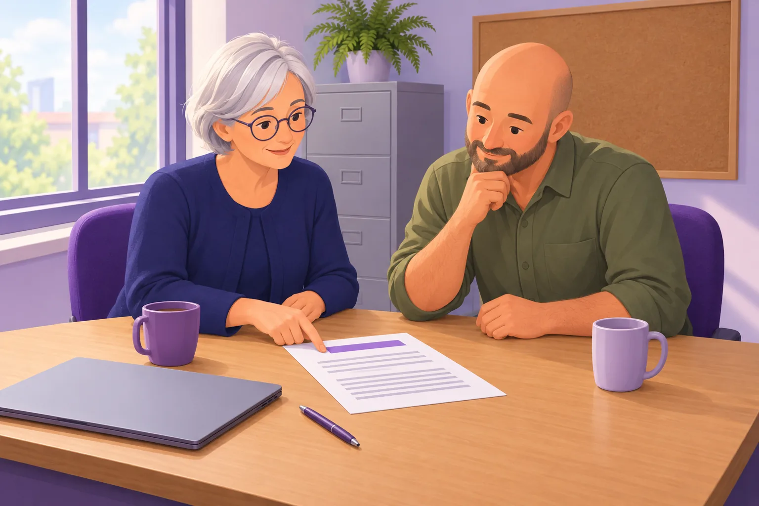 Accountant and plumber at a desk going over a printed page together