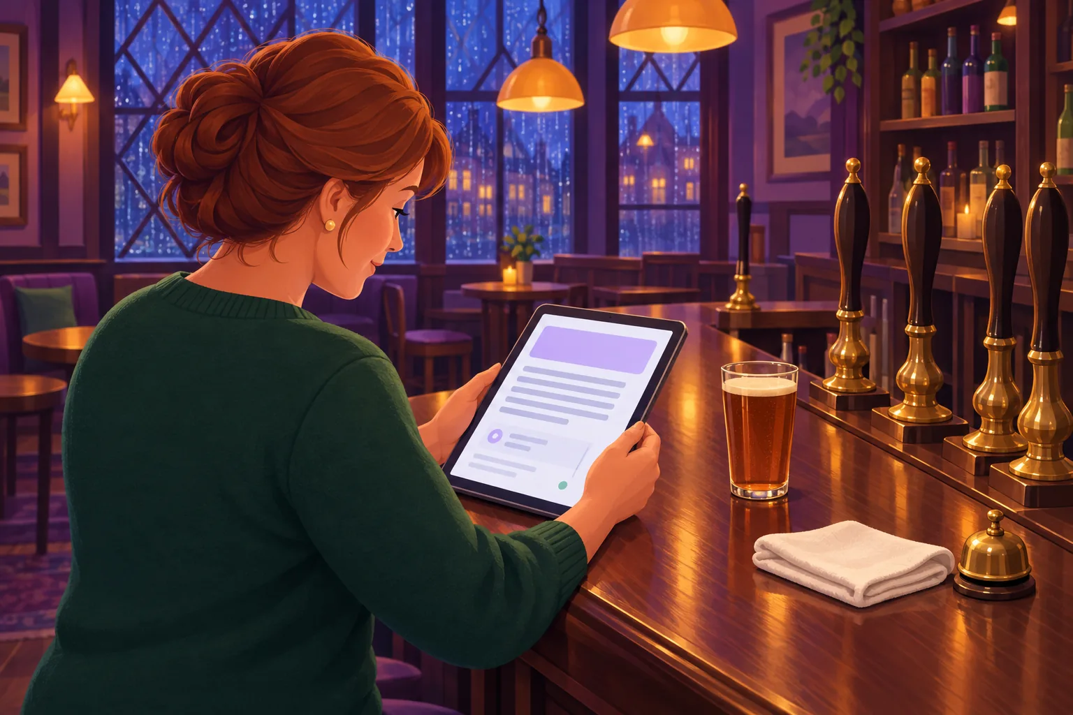 Pub landlady at her bar reading a policy document on a tablet on a rainy evening