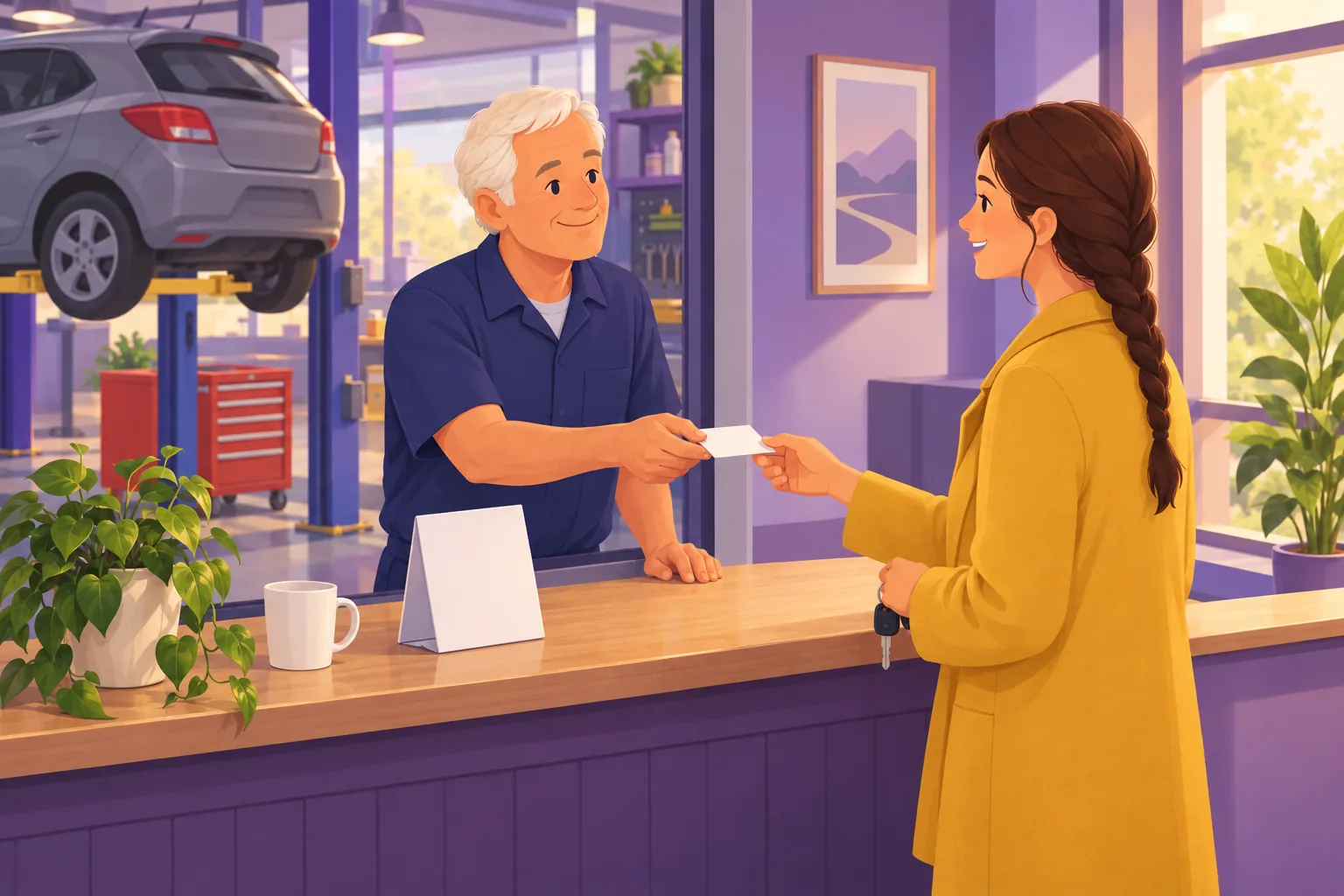 Mechanic warmly handing a plain review card across the counter to a smiling customer