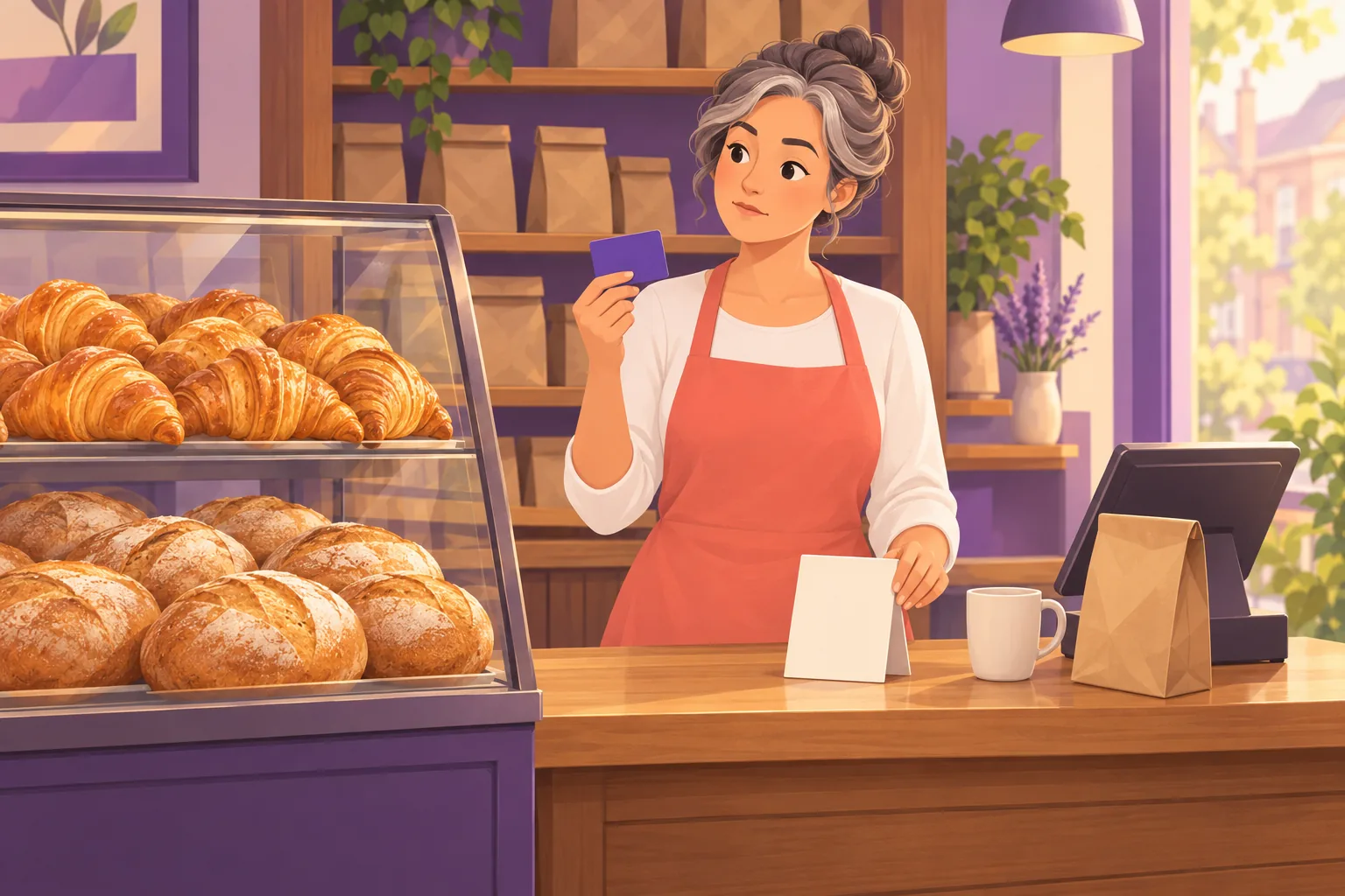 Bakery owner at her counter weighing a blank violet coupon card in one hand against a plain review stand card