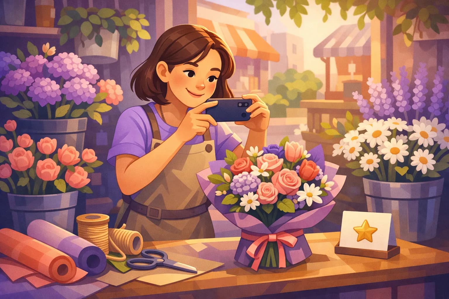 Florist behind her shop counter photographing a fresh flower arrangement on her phone to post online