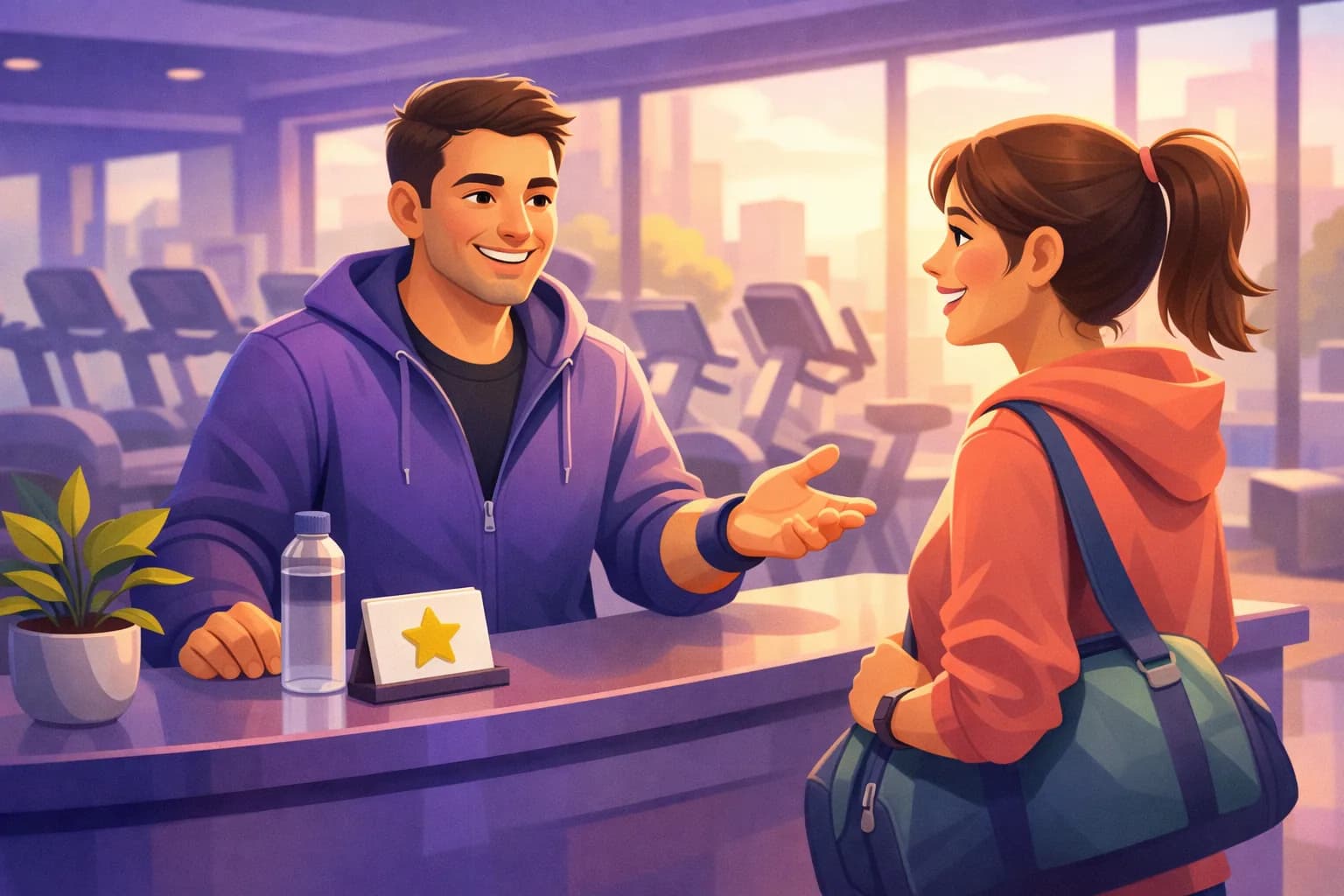 Gym owner warmly greeting a new member at the front desk on a bright January morning