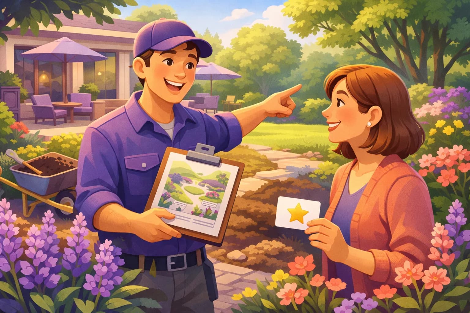 Landscaper showing a homeowner a plan on a clipboard in a blooming spring garden