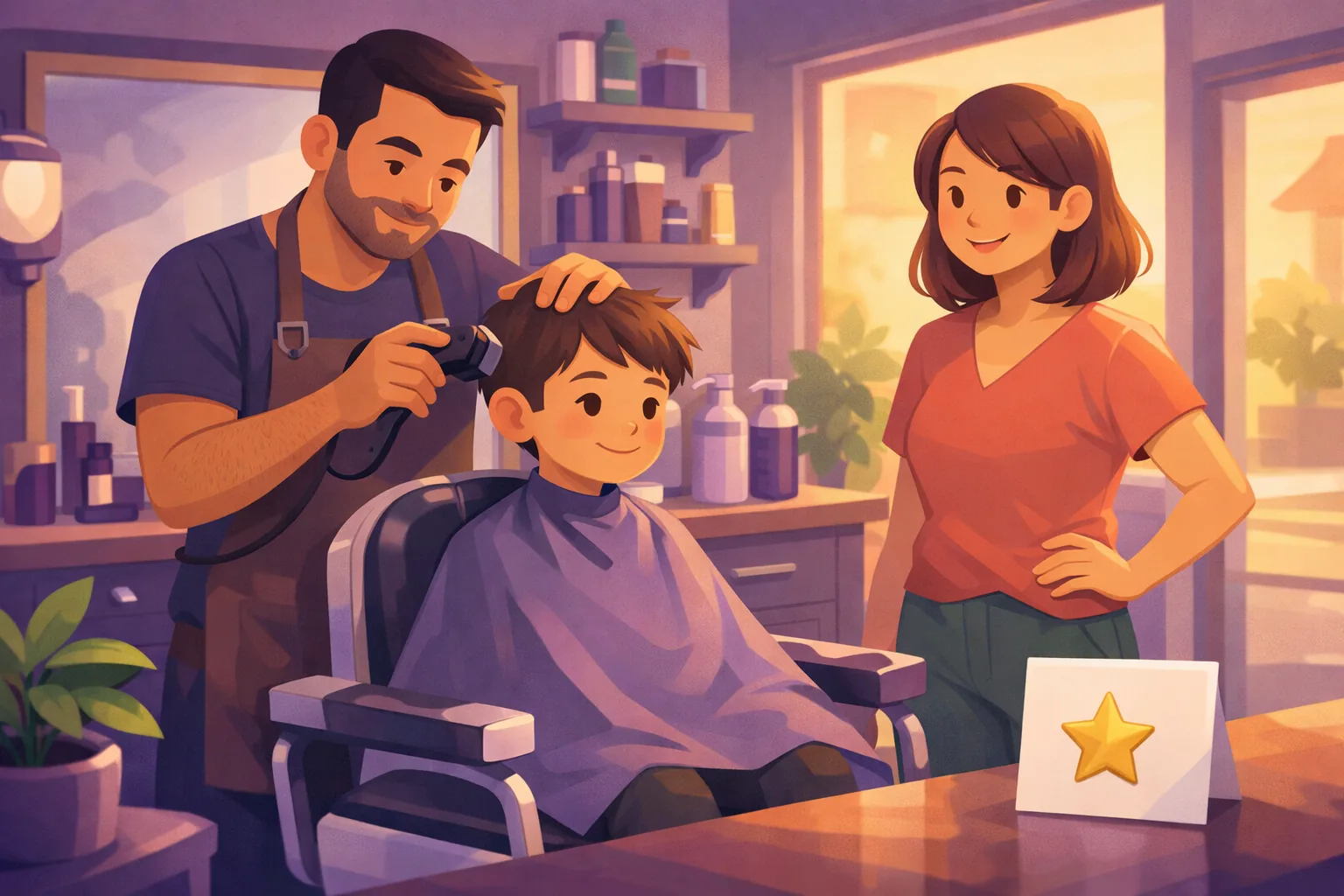Barber giving a young boy a back-to-school haircut while the mom smiles nearby in a bright shop
