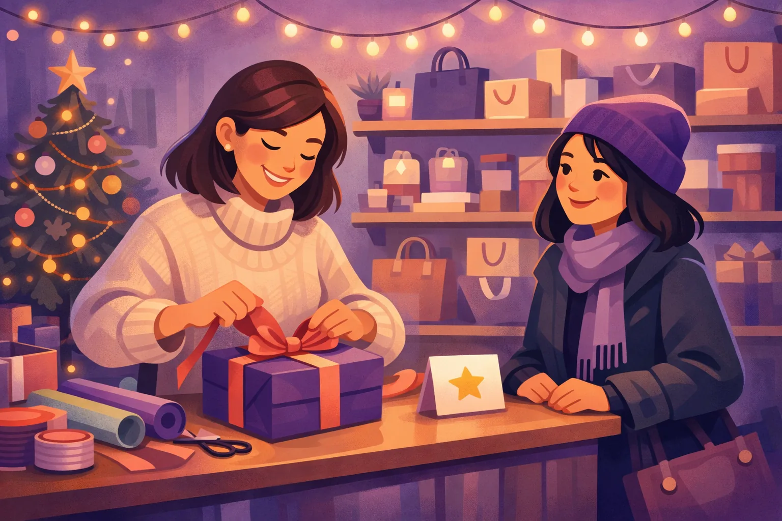 Boutique owner cheerfully wrapping a holiday gift at the counter with string lights and a happy customer