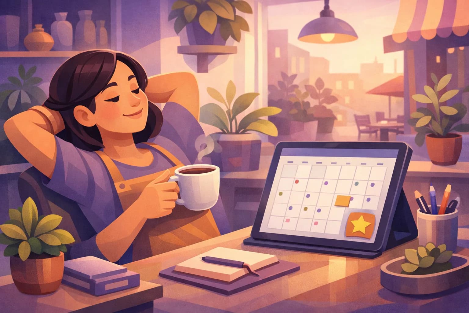 Relaxed shop owner enjoying a coffee while scheduled posts publish themselves in the background