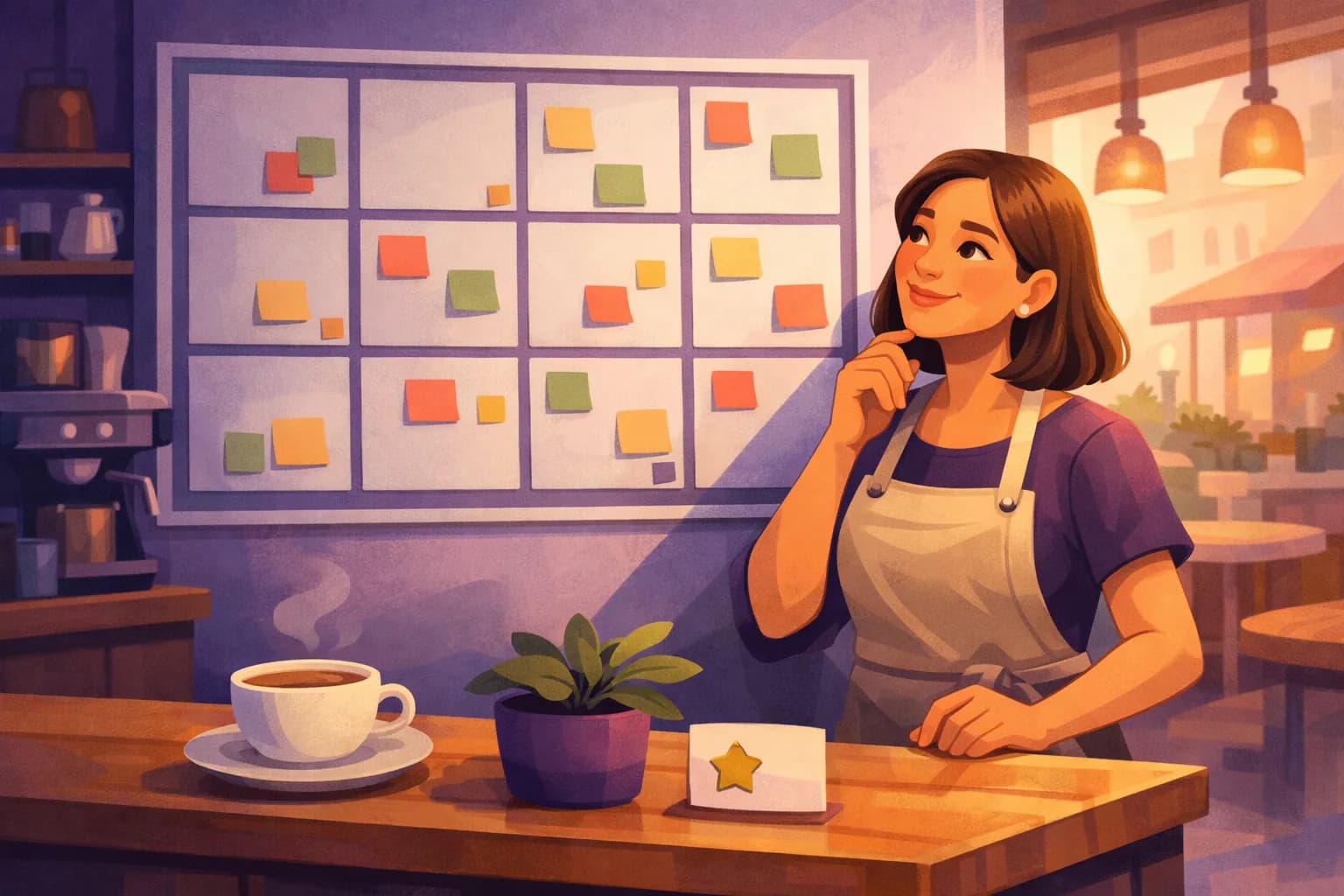 Coffee shop owner planning a year of marketing on a large wall calendar in her sunlit cafe
