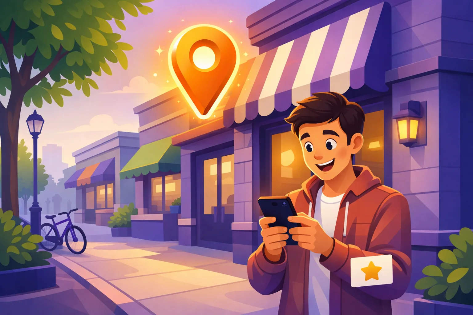 Customer searching on a phone while a glowing map pin rises above the nearest local storefront