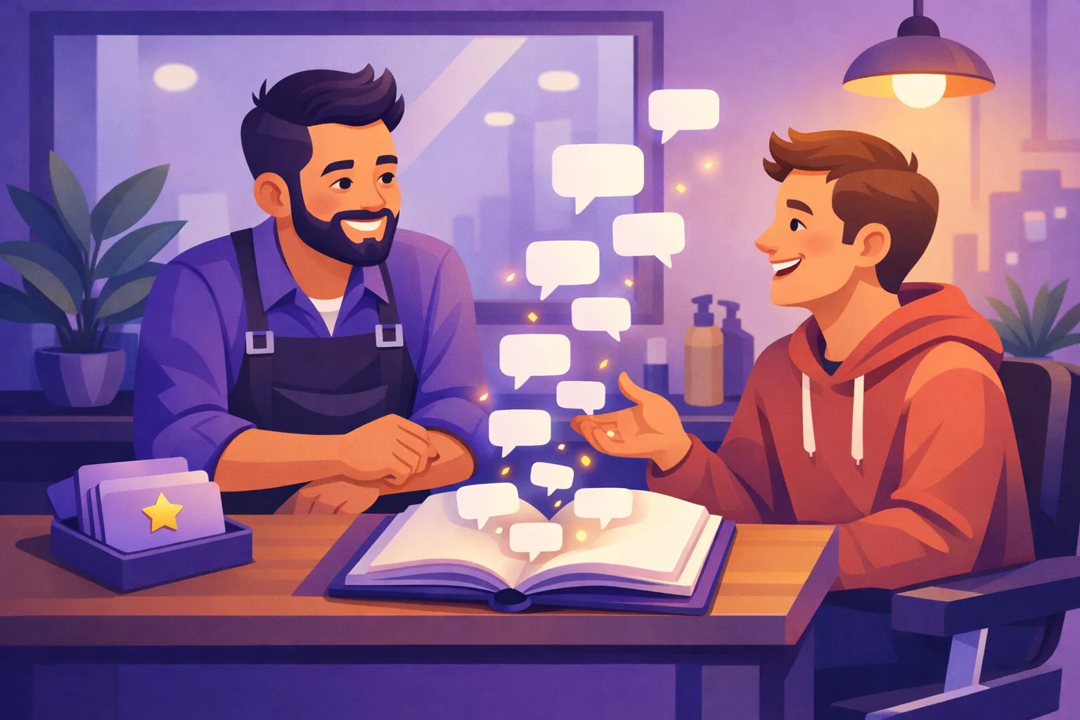 Shop owner gathering the words customers use from review cards and friendly conversations