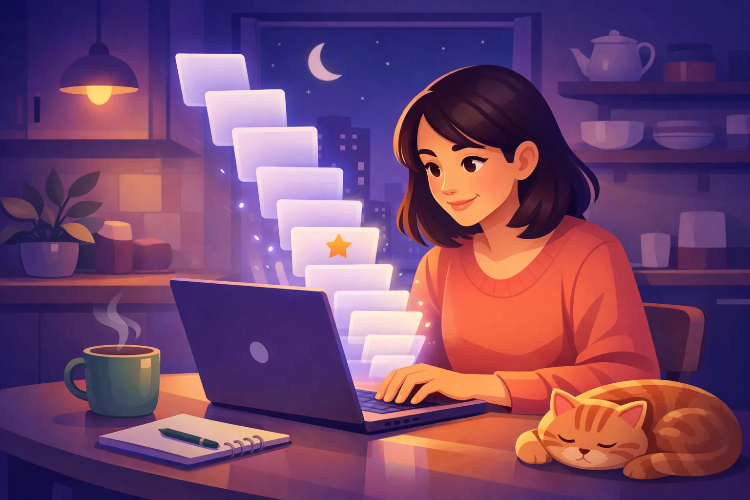 Business owner at a laptop watching suggestion cards float up as she explores free keyword tools