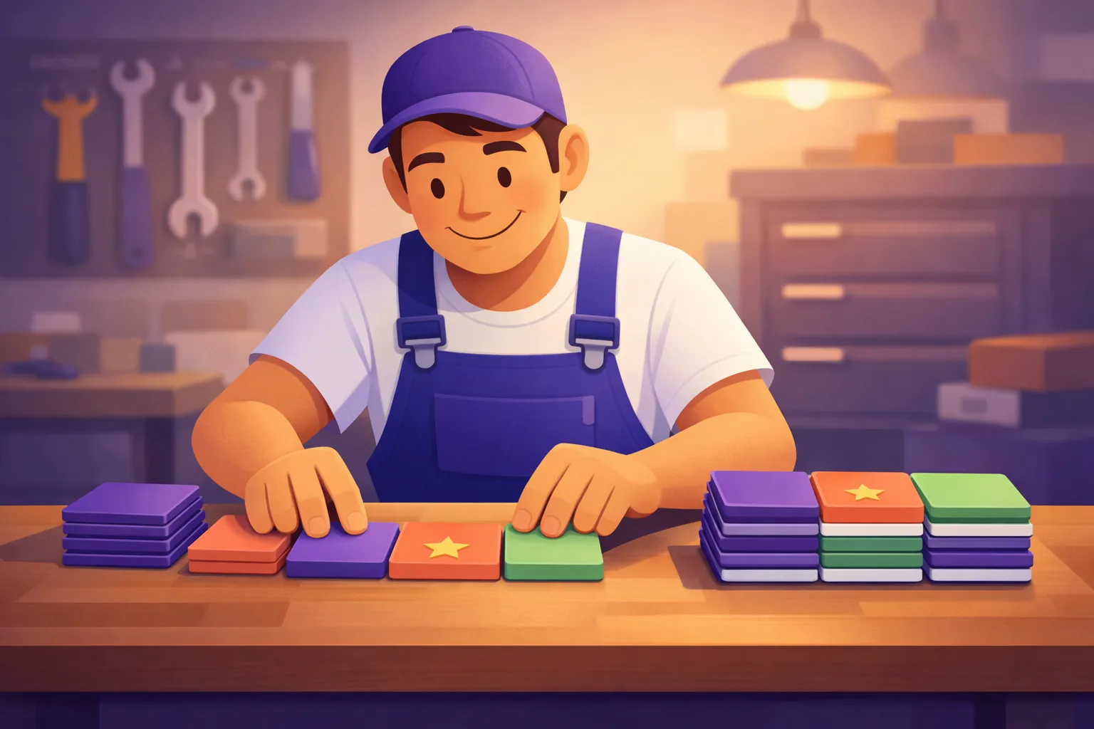 Owner combining service, qualifier, and place cards into finished keyword phrases at a work table