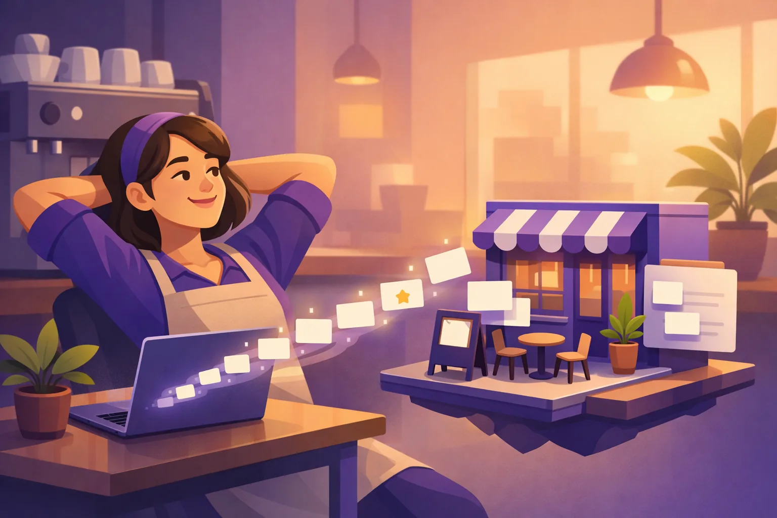 Relaxed owner watching keyword cards flow from her laptop into her storefront profile and website