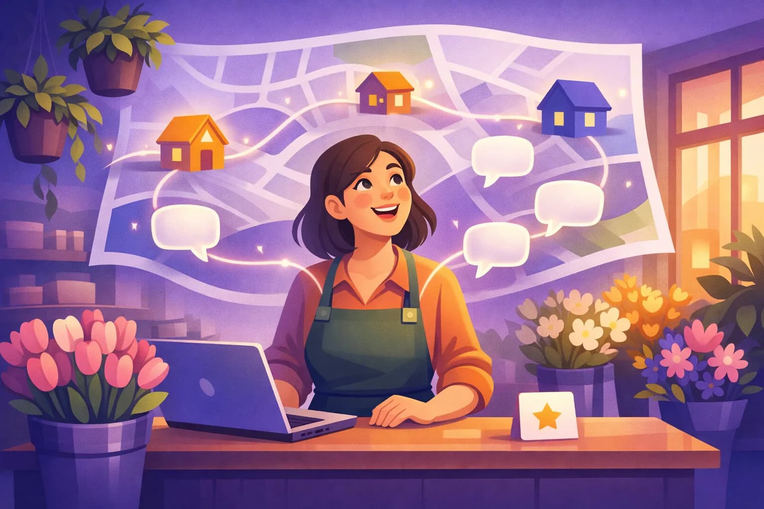 Small business owner doing local keyword research at her counter as searches from a neighborhood map reach her shop