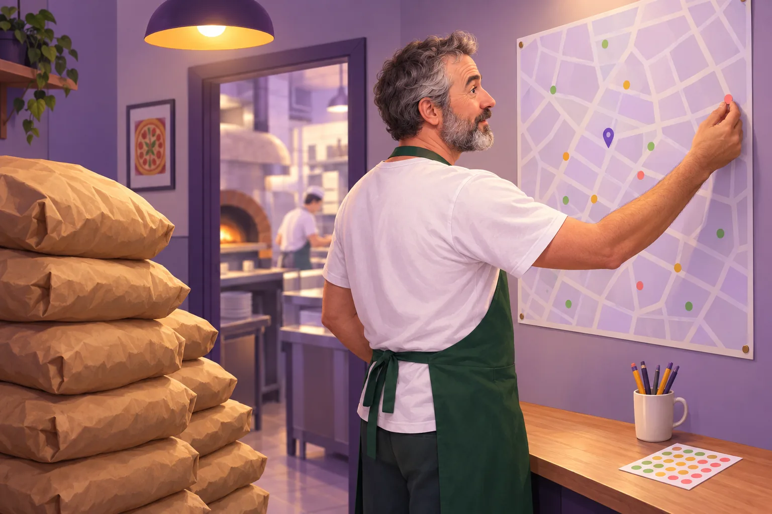Pizzeria owner in his back office placing colored sticker dots on a large neighborhood wall map