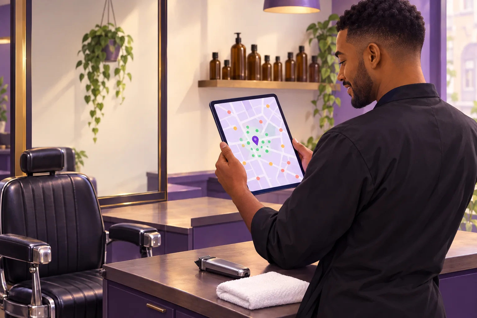 Barber between clients reading a neighborhood ranking map on a tablet in his shop