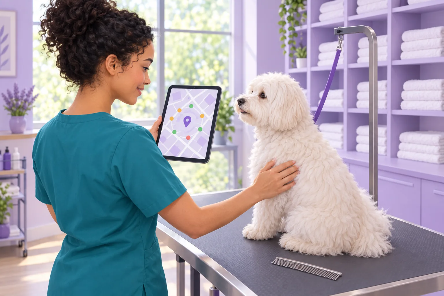 Dog groomer at her grooming table checking a small seven-dot ranking map on a tablet