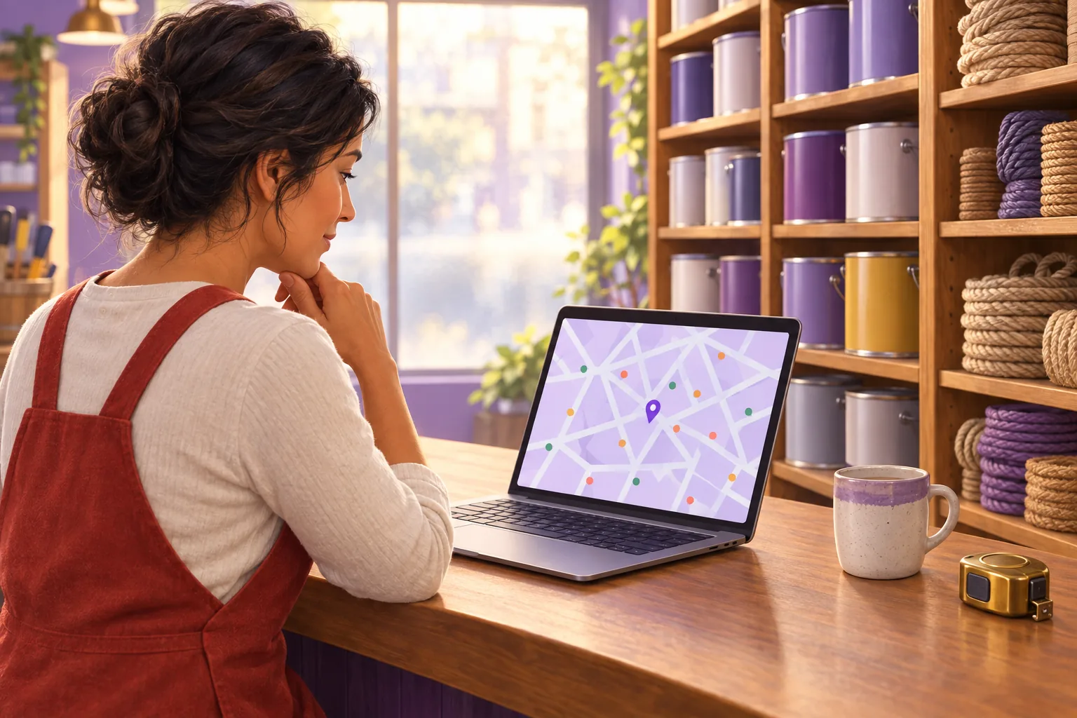 Hardware store owner at her counter comparing a neighborhood ranking map on a laptop
