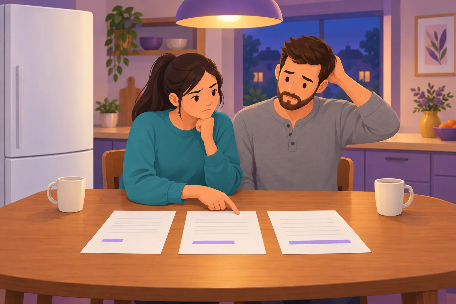 Cleaning company owners at their kitchen table comparing three printed quotes, each with a lavender bar of a different length