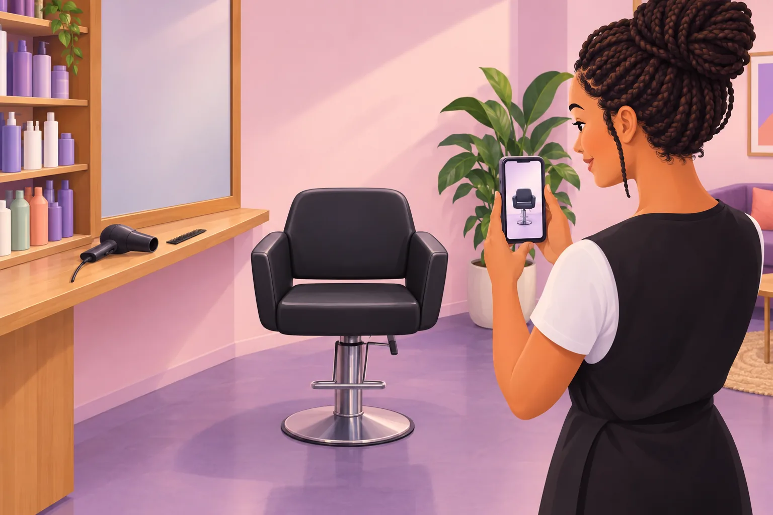 Hair salon owner photographing her styling chair with her phone, the screen showing the same chair