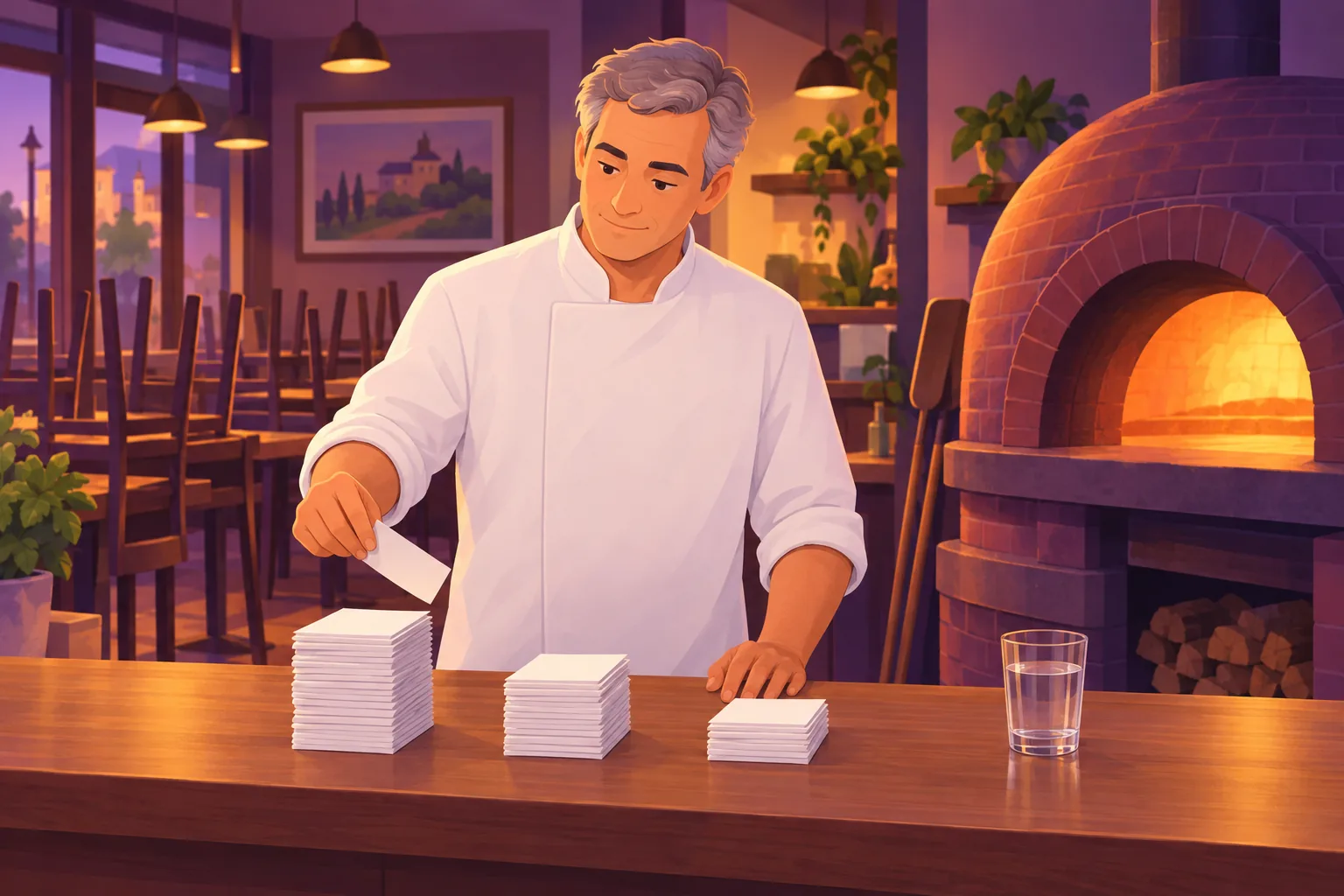 Pizzeria owner at closing time sorting blank order slips into three piles of different heights on the counter