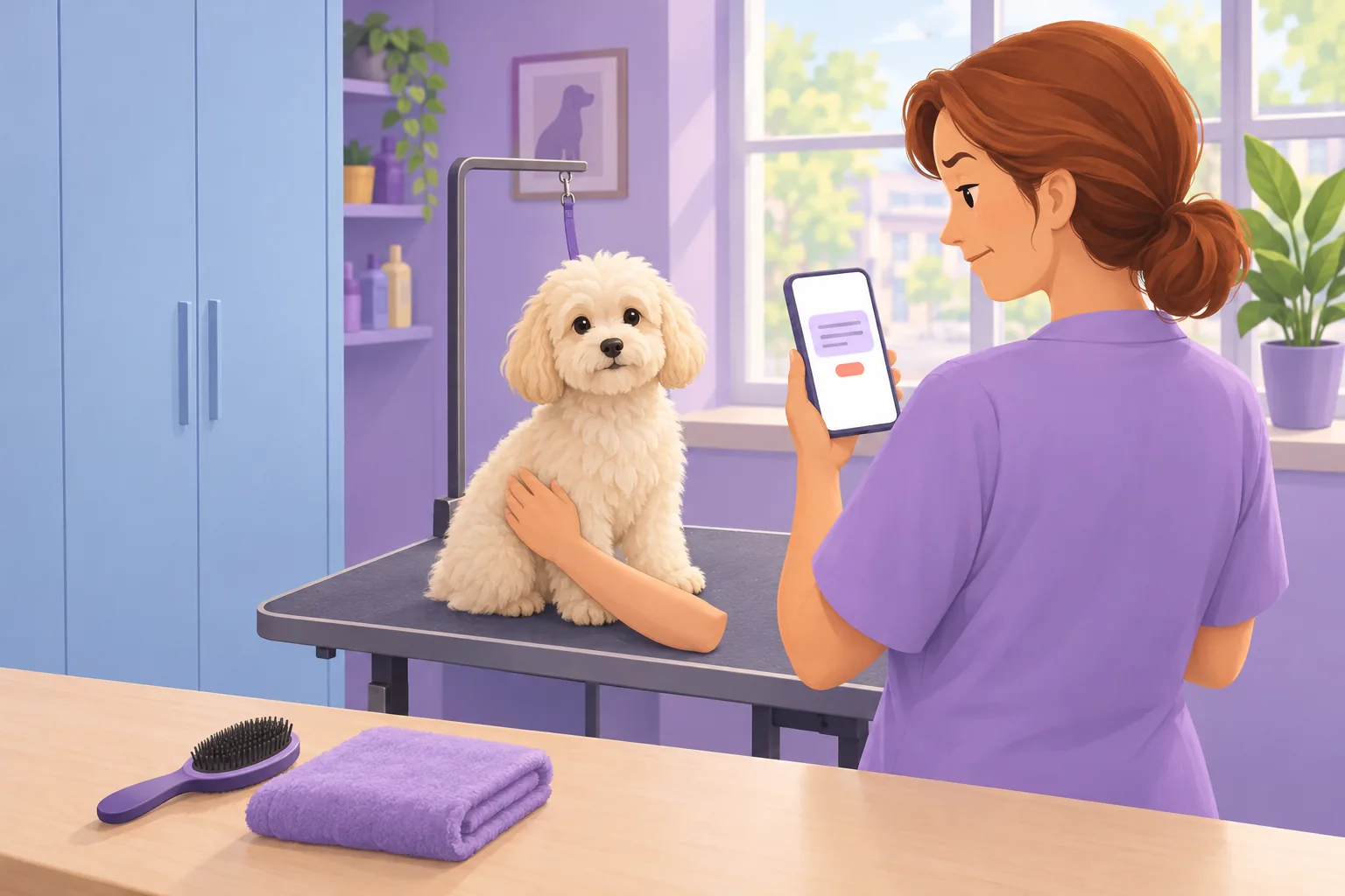 Dog groomer at her counter reading an unexpected message on her phone with a raised eyebrow, a fluffy dog on the grooming table