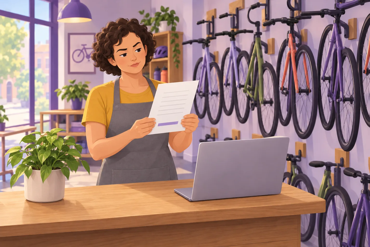 Bike shop owner at her counter weighing a printed local SEO proposal, laptop closed beside her