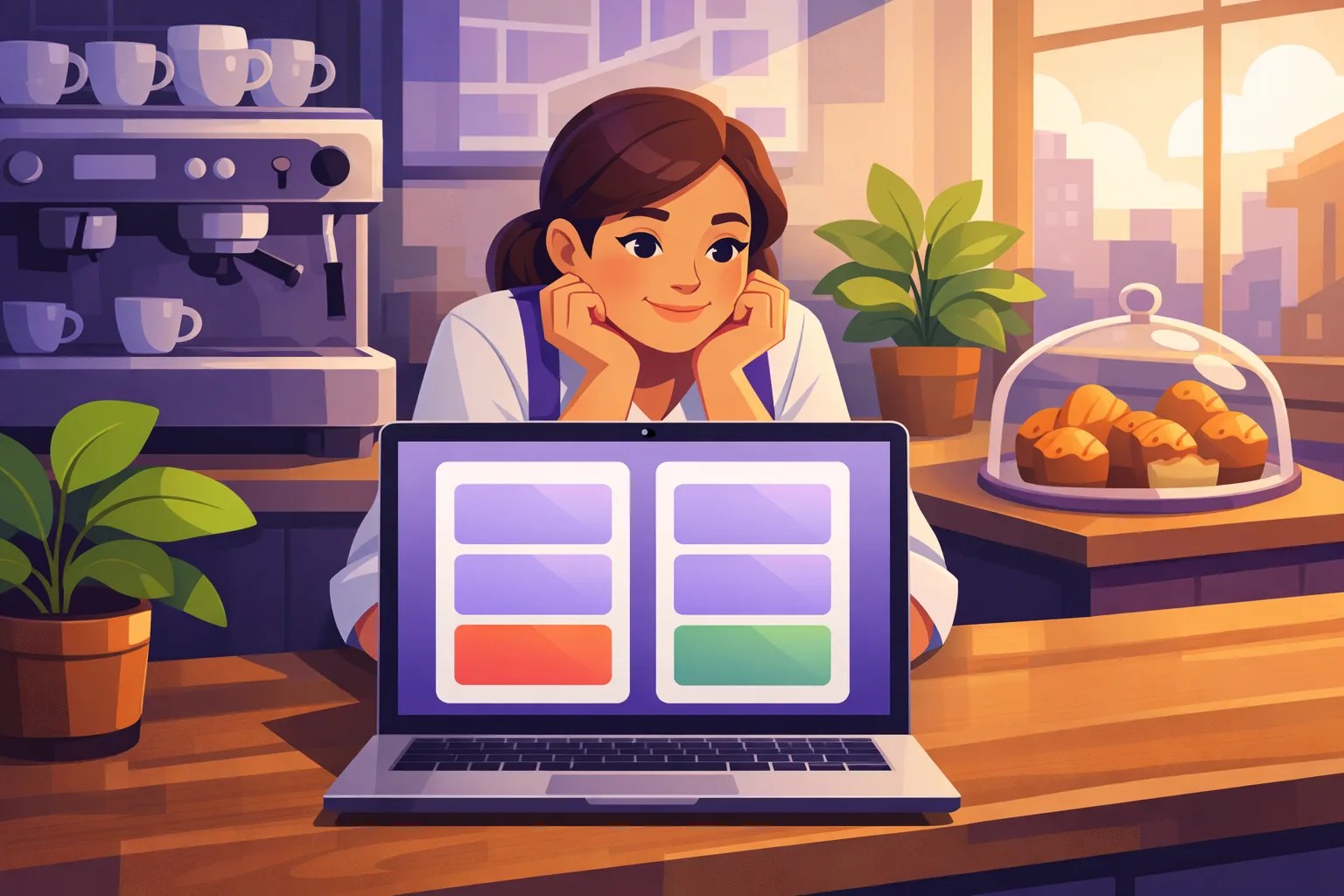 Cafe owner behind her counter studying a laptop that shows two columns of result cards, most matching and one in each column highlighted differently