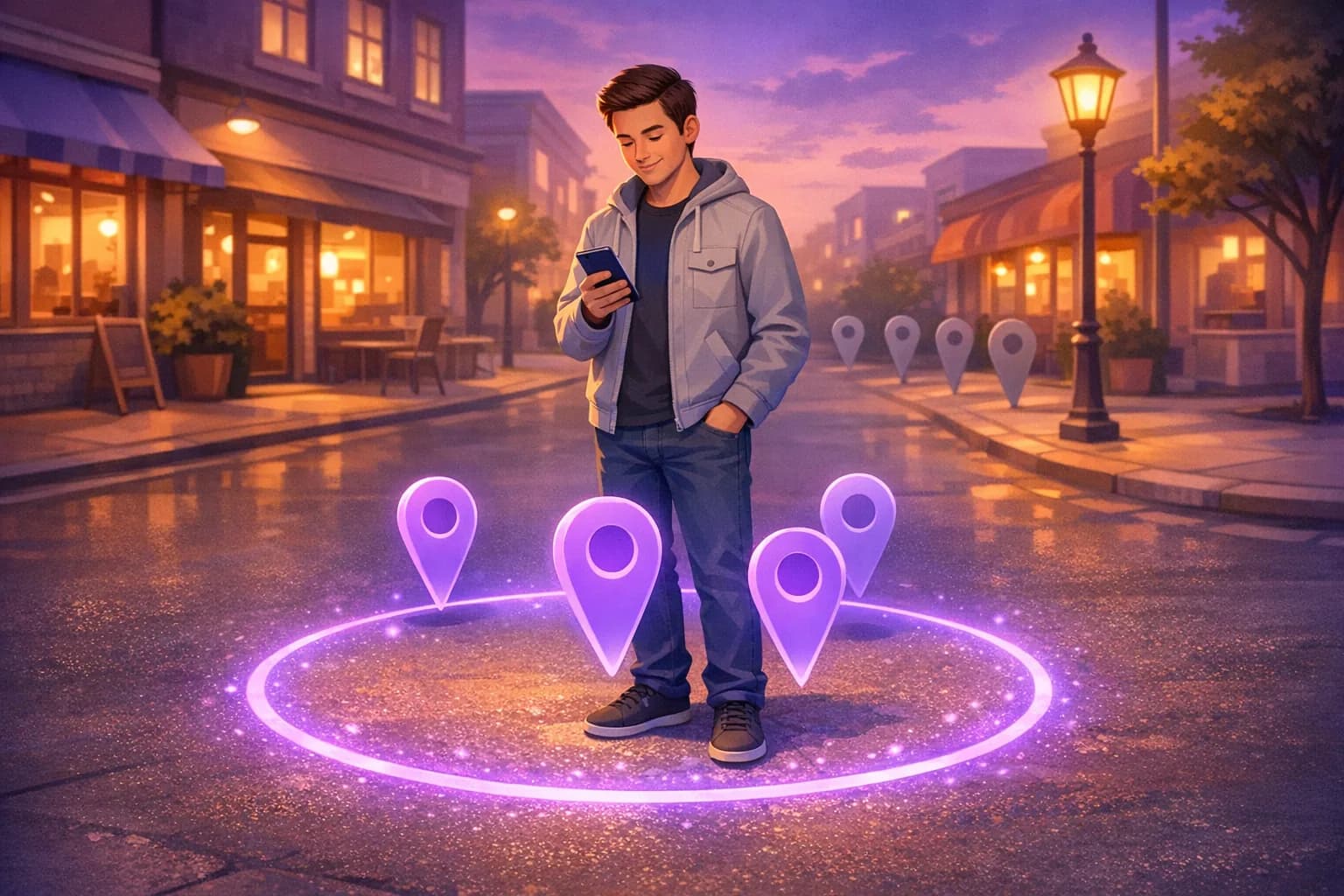 Young man at a street corner holding his phone with a soft violet circle of light on the pavement around him, three glowing pins inside it and dimmer pins beyond