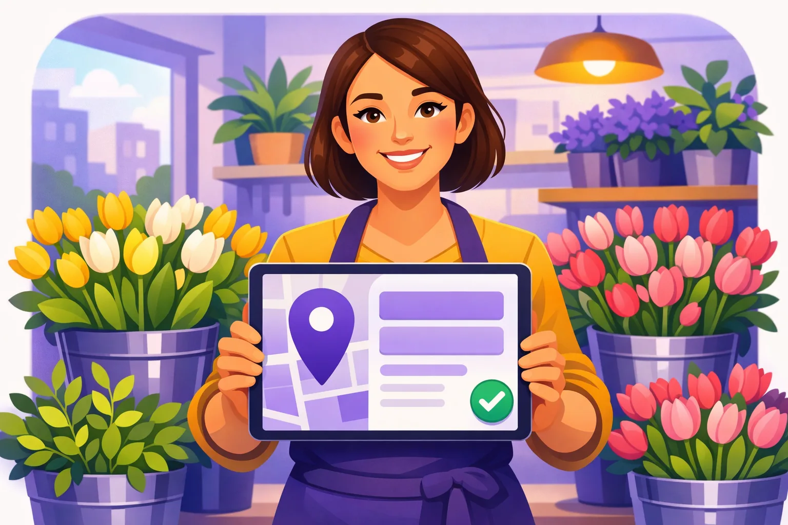 Florist in her shop holding a tablet showing an abstract business profile panel with a violet map pin and a green check badge