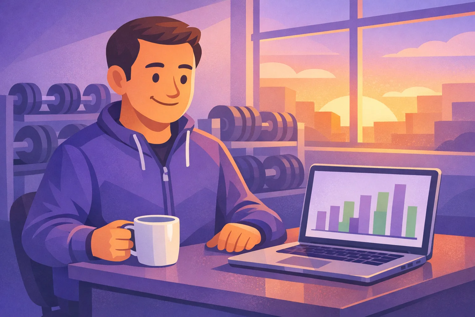 Gym owner at his desk in the morning reading a laptop that displays an abstract bar chart in violet and green, coffee beside him