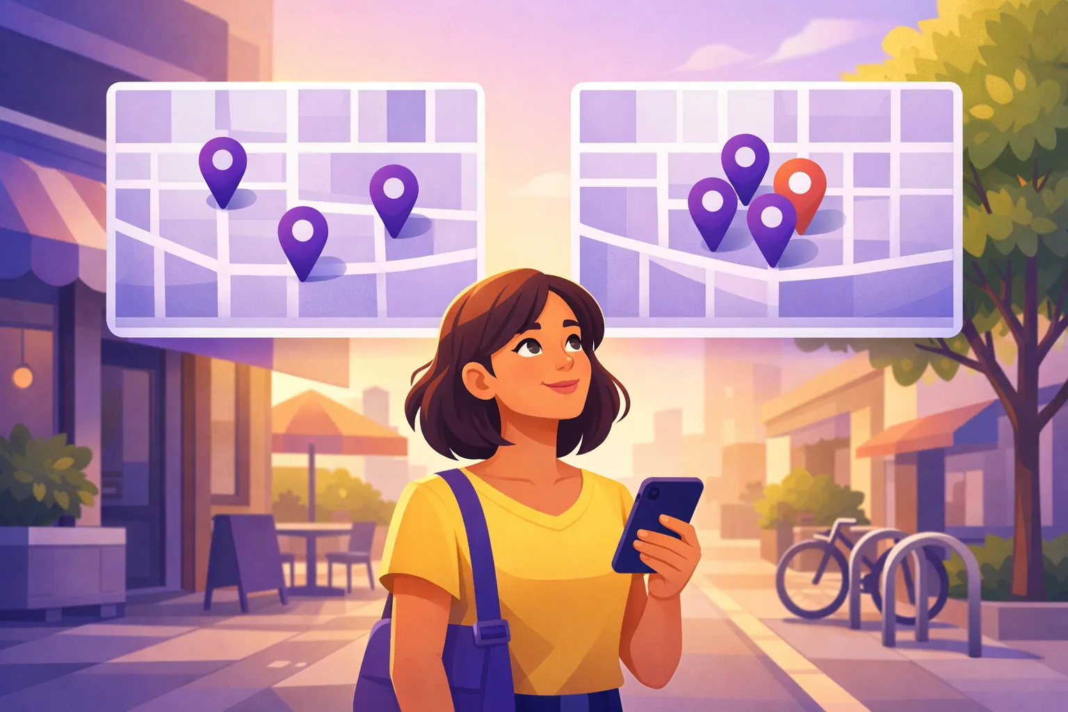 Woman on a city sidewalk comparing two floating map panels on her phone, each showing a different set of glowing pins