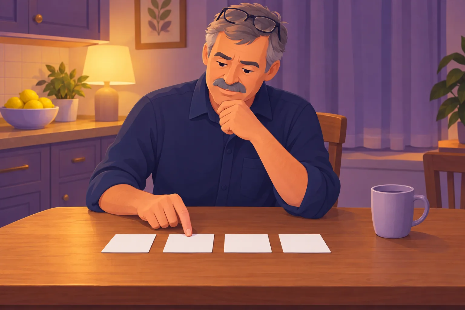 Hardware store owner at his kitchen table deciding between four blank index cards laid out in a row, each one an option for his Yelp page