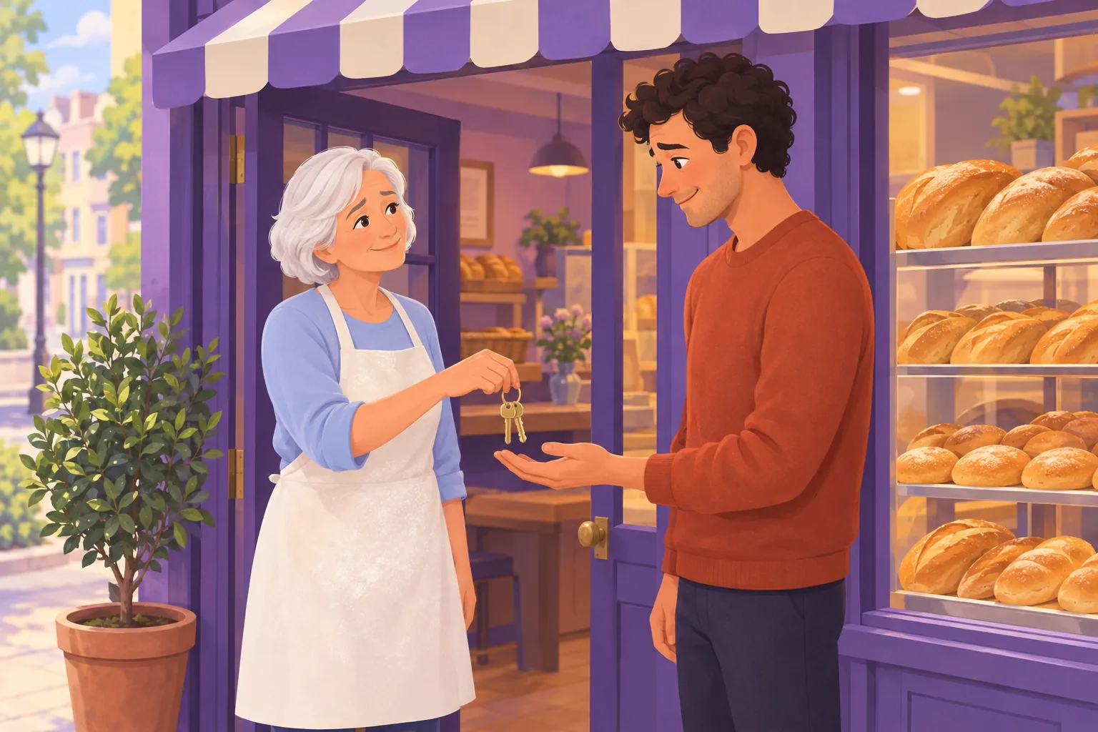 Retiring bakery owner handing a plain key ring to the new owner at the shop door on a bright morning