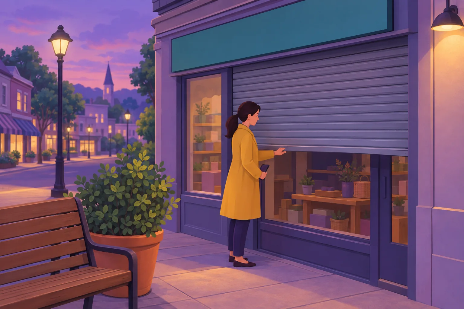 Shop owner on a quiet evening pulling down the shutter of her closed storefront, phone in hand, with a blank solid-colour signboard above the door